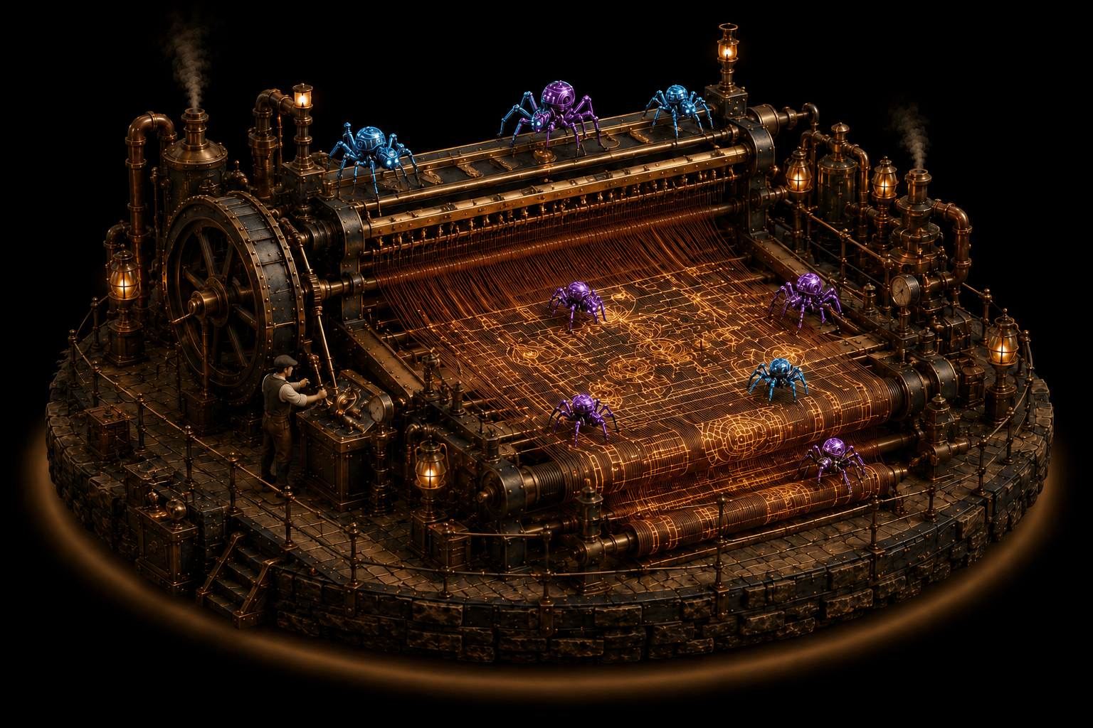 SpyderByte Foundry workflow view rendered as an automated loom: robotic spider agents weaving brand asset deliverables